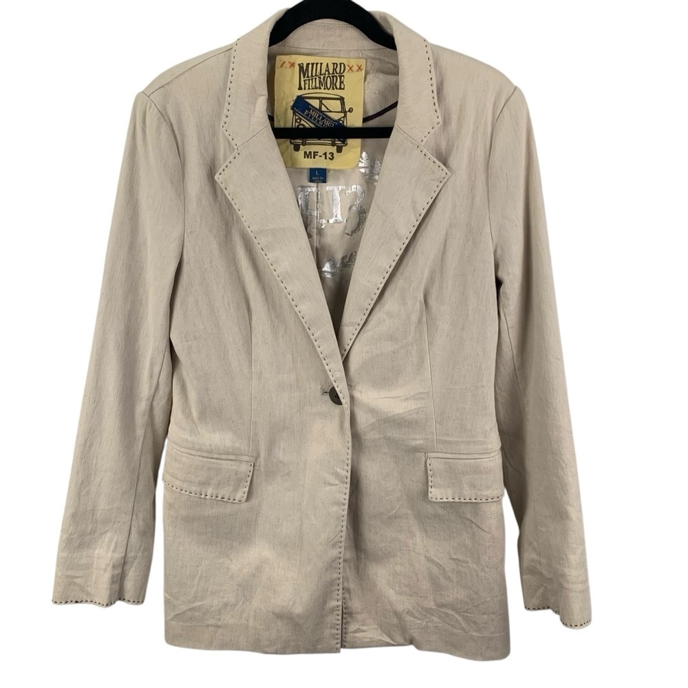 Millard Fillmore Women's L Beige Linen Blend Long Blazer Exposed Stitching